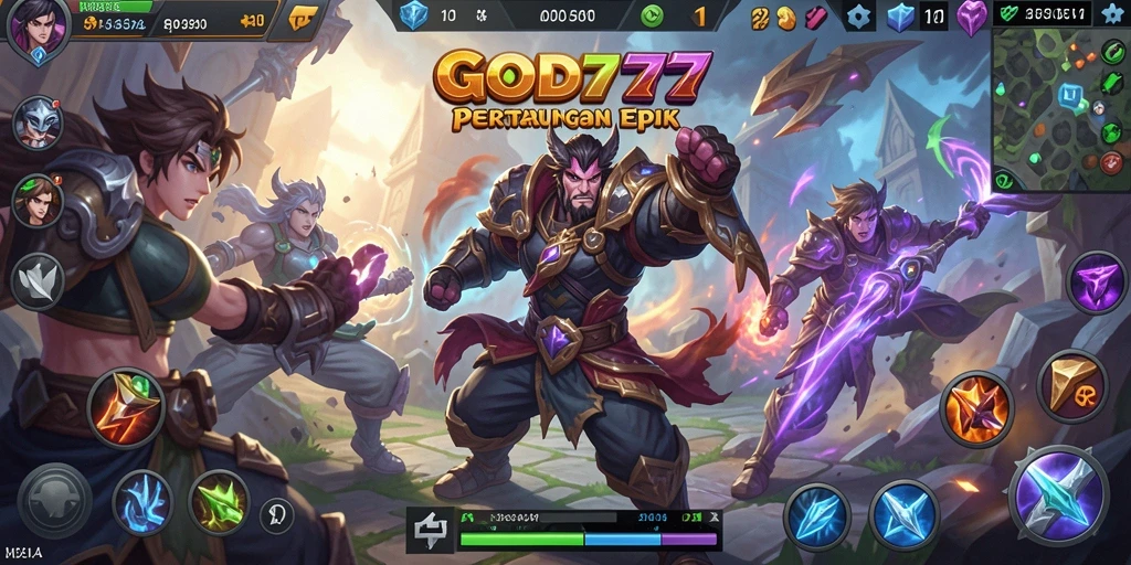 Screenshot gameplay GOD77 menunjukkan pertempuran epik antara karakter-karakter unik.