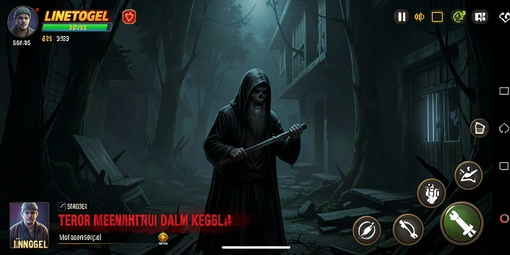 Screenshot gameplay LINETOGEL menampilkan suasana menyeramkan dan karakter hantu.