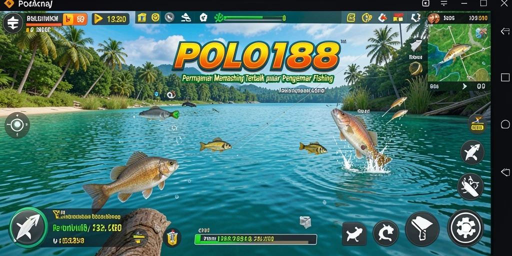 Tampilan gameplay <strong>POLO188</strong> saat menangkap ikan di perairan yang indah.