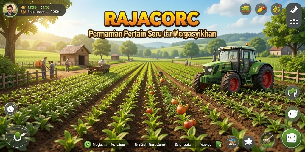 Screenshot gameplay RAJACORC menampilkan ladang indah yang penuh tanaman.